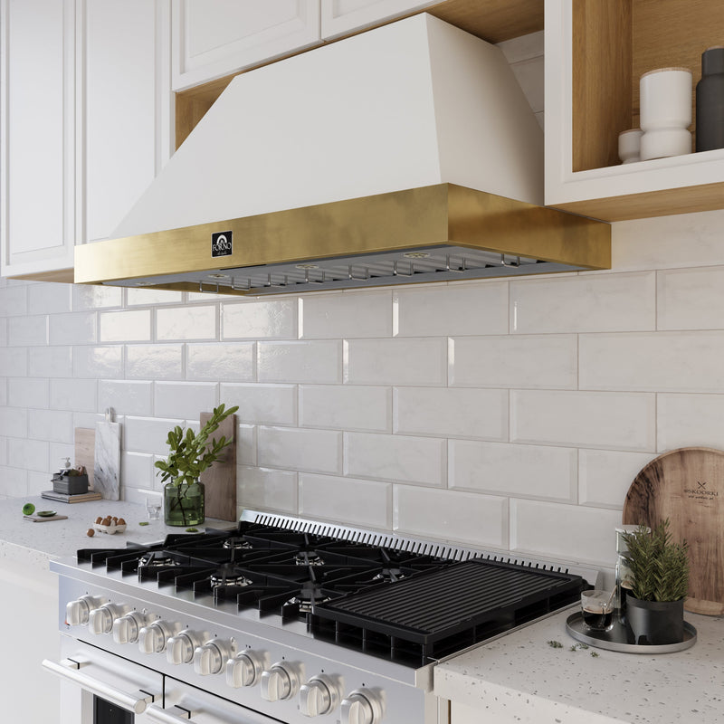 FORNO Vittorio 48" 600 CFM Wall Mount Range Hood in White and Antique Brass Trim with Remote Control, FRHWM5078-48WHT