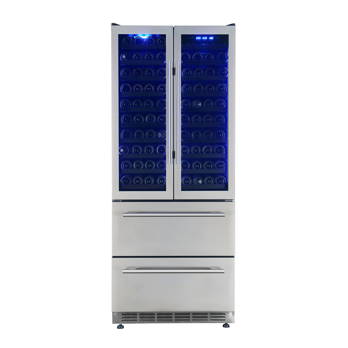 FORNO Campania 32" 120 Bottle Triple Zone French Door Wine Cooler with 2 Beverage Drawers, FWCDR6635-32S