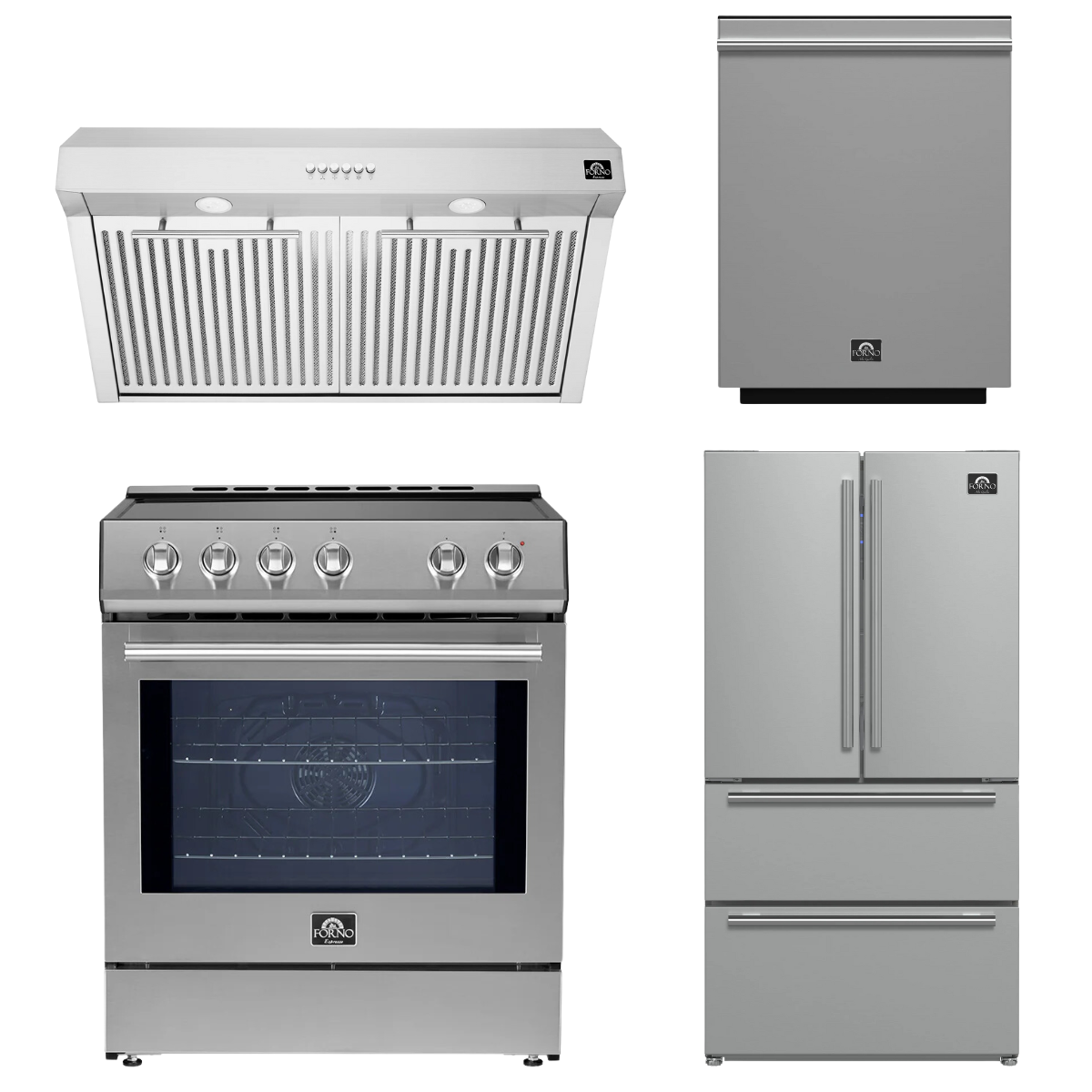 FORNO Espresso Package - 30" Induction Range, Range Hood, 36" Refrigerator with Ice Maker and Dishwasher in Stainless Steel
