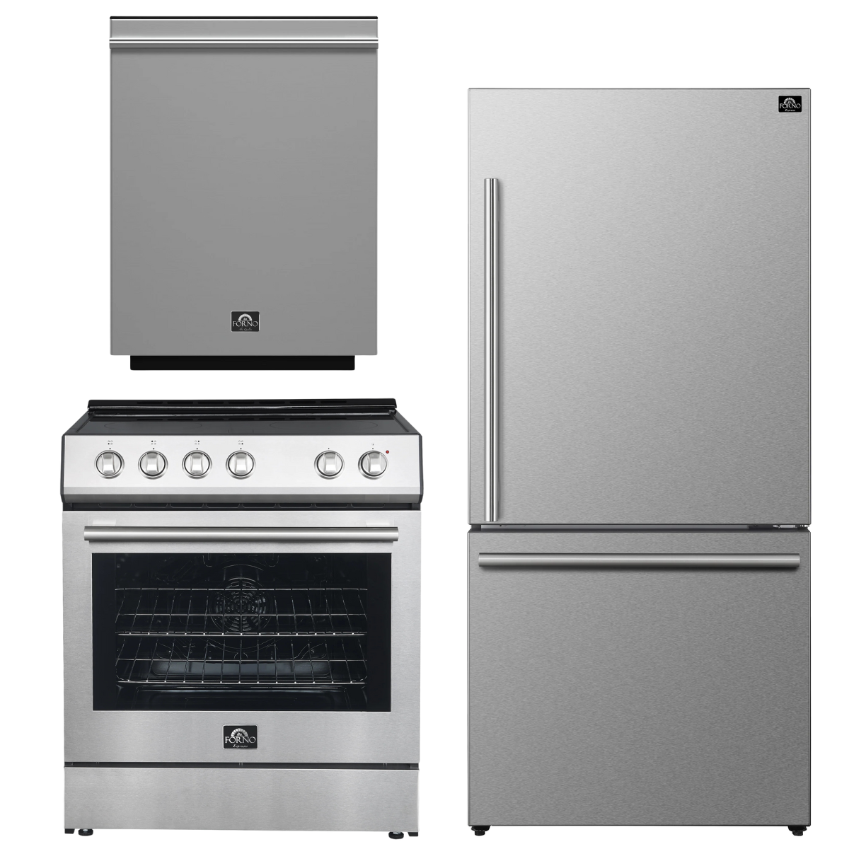 FORNO Espresso Package - 30" Electric Range, Refrigerator and Dishwasher in Stainless Steel with Silver Handles