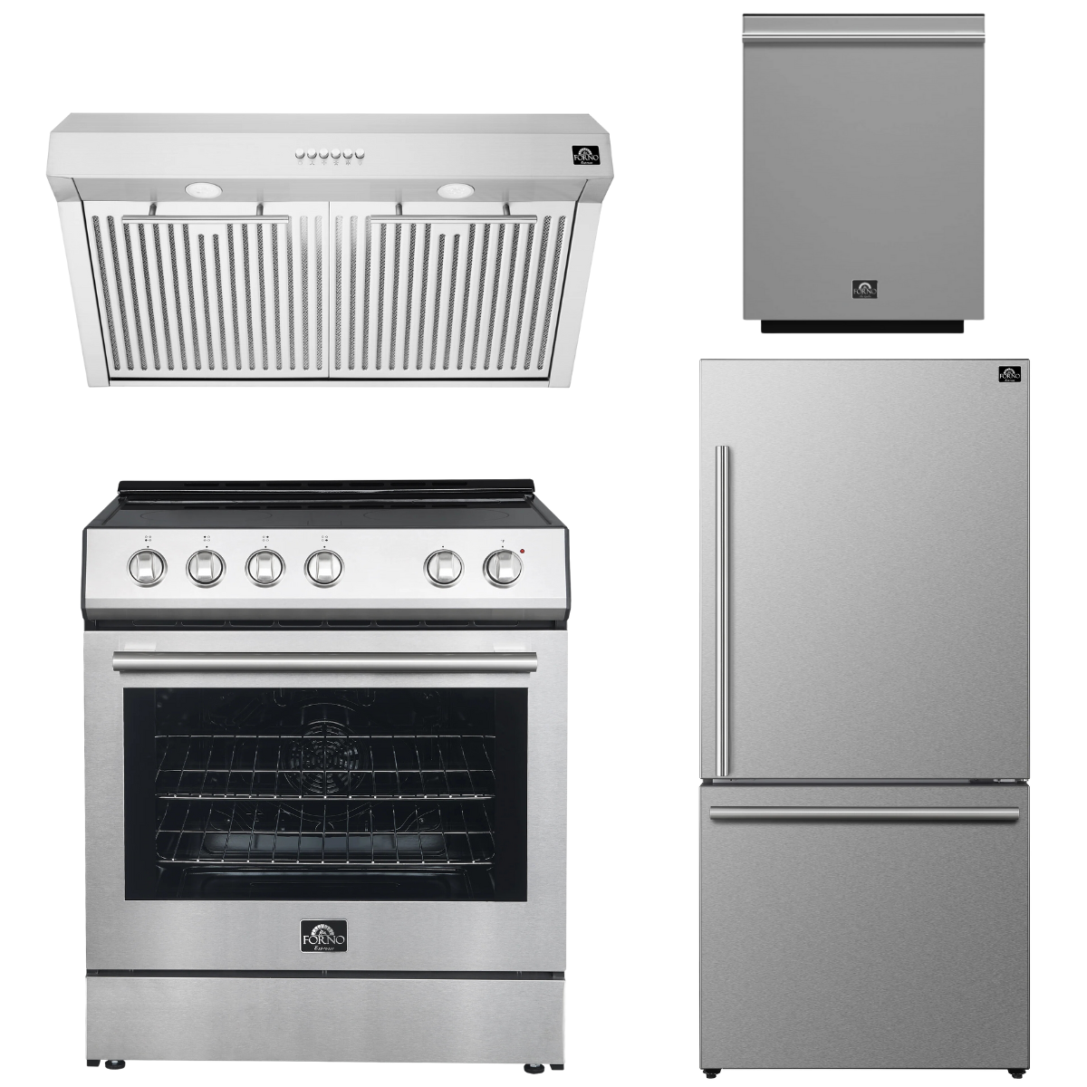 FORNO Espresso Package - 30" Electric Range, Range Hood, Refrigerator and Dishwasher in Stainless Steel with Silver Handles