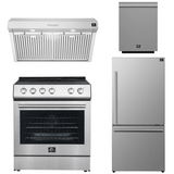 FORNO Espresso Package - 30" Electric Range, Range Hood, Refrigerator and Dishwasher in Stainless Steel with Silver Handles