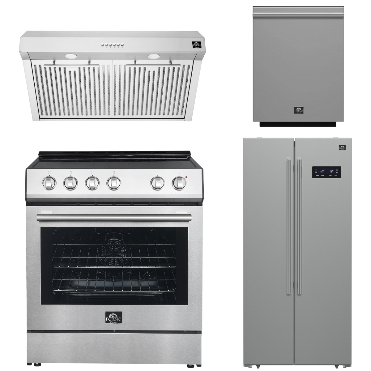 FORNO Espresso Package - 30" Electric Range, Range Hood, Refrigerator and Dishwasher in Stainless Steel with Silver Handles