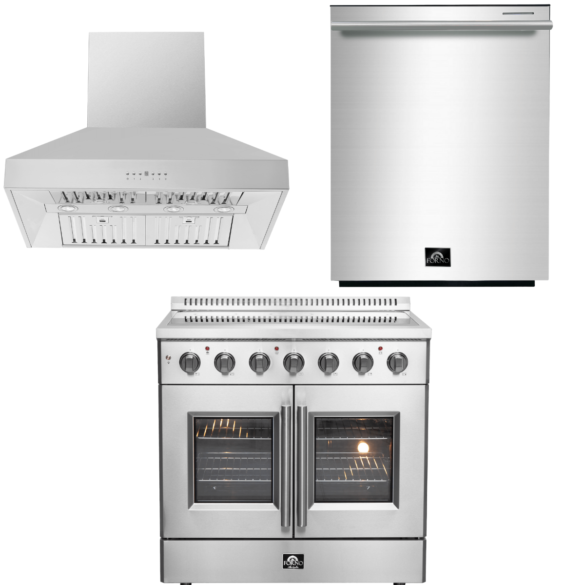 FORNO Package - 36" Electric French Door Range, Wall Mount Range Hood and Dishwasher, AP-FFSEL6917-36-3PK-2