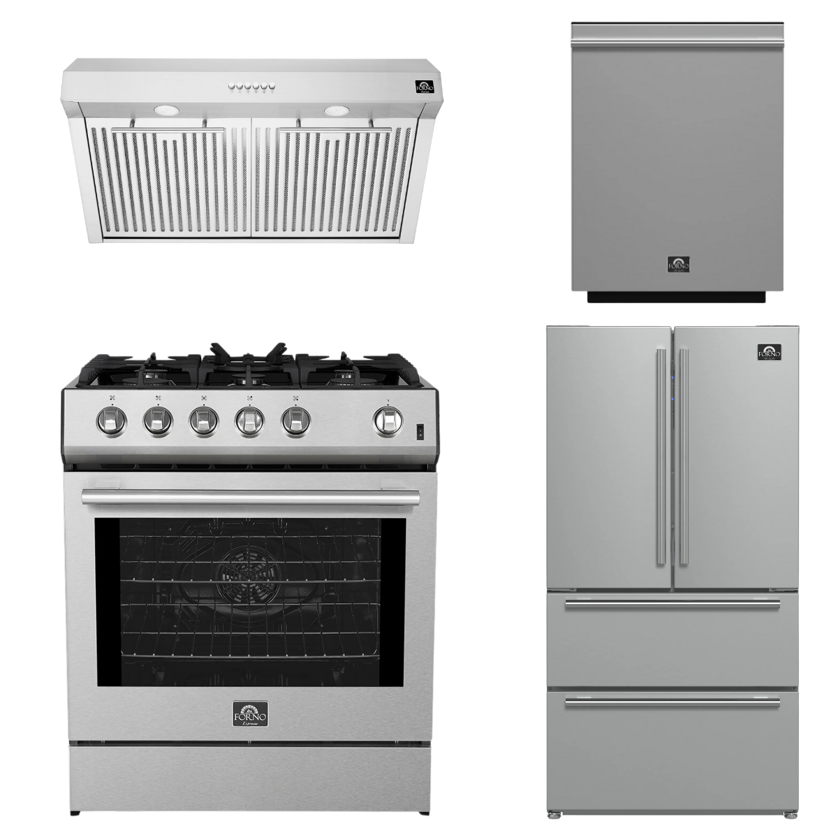 FORNO Espresso Package - 30" Gas Range, Range Hood, 36" Refrigerator with Ice Maker and Dishwasher in Stainless Steel
