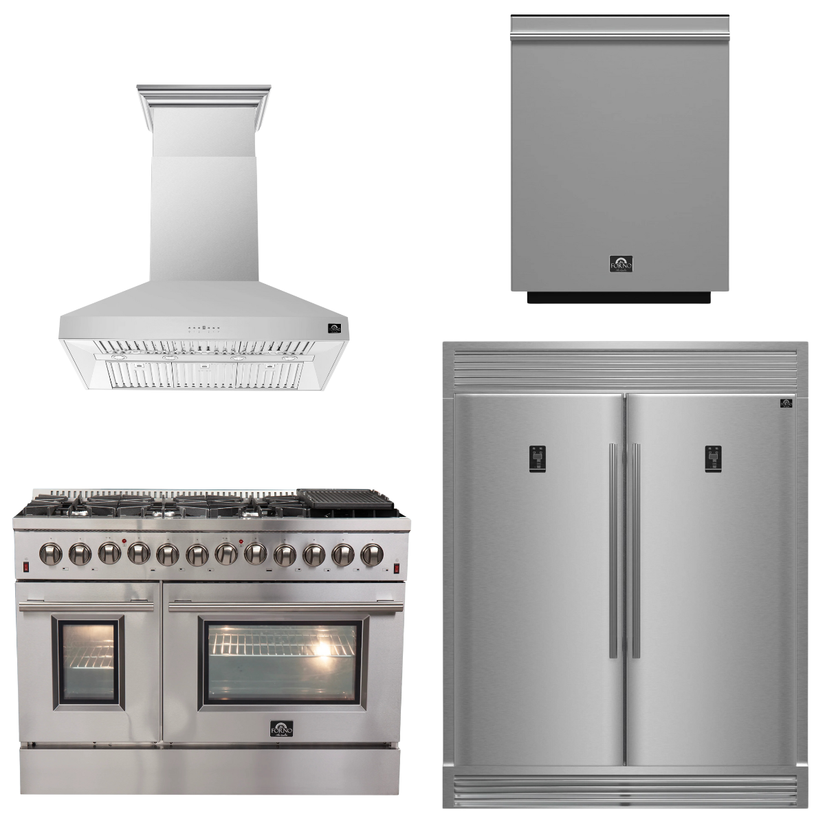 FORNO Appliance Package - 48" Gas Burner, Electric Oven Range, Range Hood, 60" Refrigerator, Dishwasher, AP-FFSGS6156-48-16