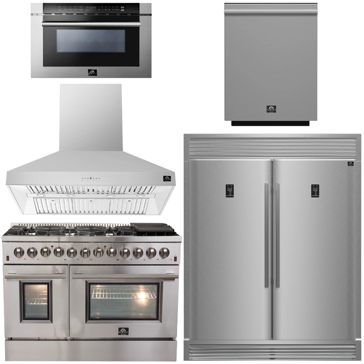 FORNO Appliance Package - 48" Gas Burner, Electric Oven Range, Range Hood, 60" Refrigerator, Dishwasher, Microwave Drawer, AP-FFSGS6156-48-17