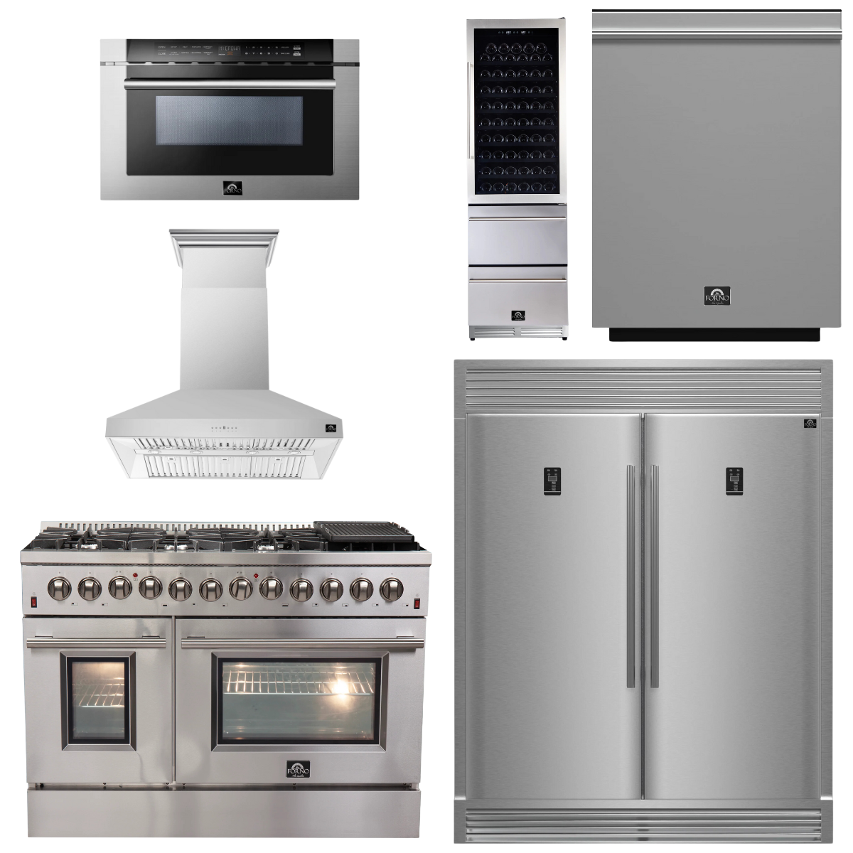 FORNO Appliance Package - 48" Dual Fuel Range, Range Hood, 60" Refrigerator, Dishwasher, Microwave, Wine Cooler