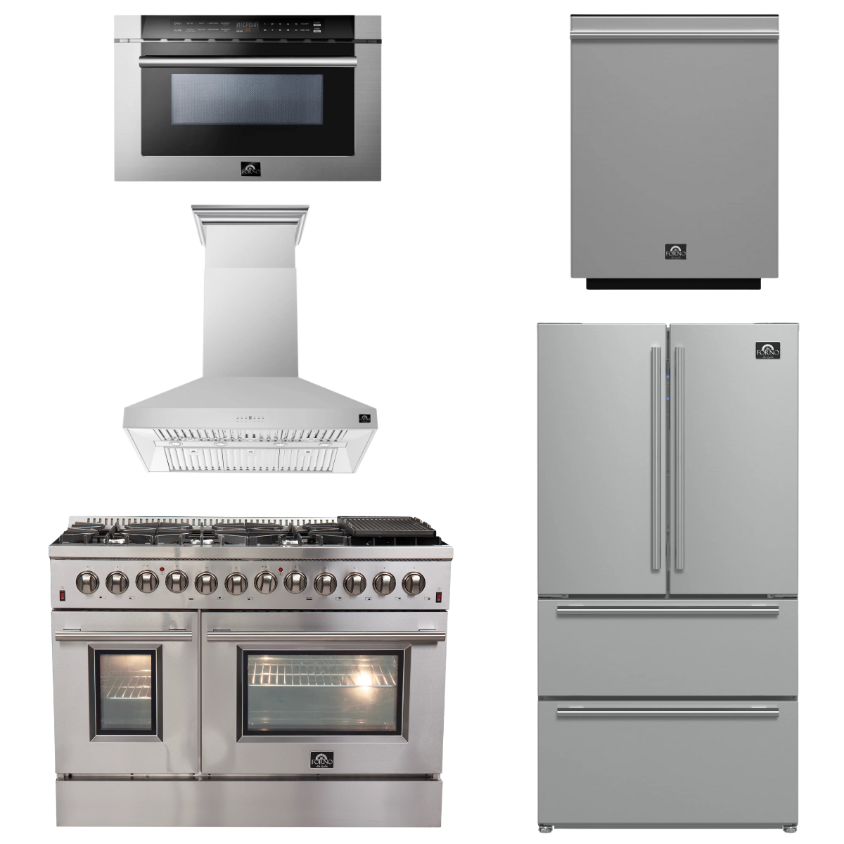 FORNO Appliance Package - 48" Gas Burner, Electric Oven Range, Range Hood, 36" Refrigerator, Dishwasher, Microwave Drawer, AP-FFSGS6156-48-22
