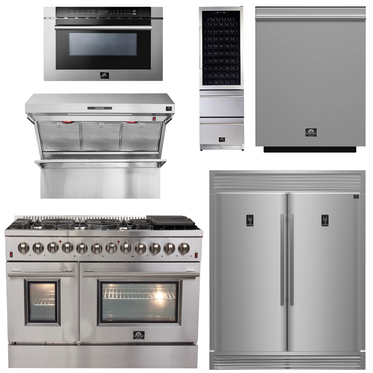 FORNO Appliance Package - 48 Inch Dual Fuel Range, Range Hood, Refrigerator, Microwave Drawer, Dishwasher, Wine Cooler, AP-FFSGS6156-48-9