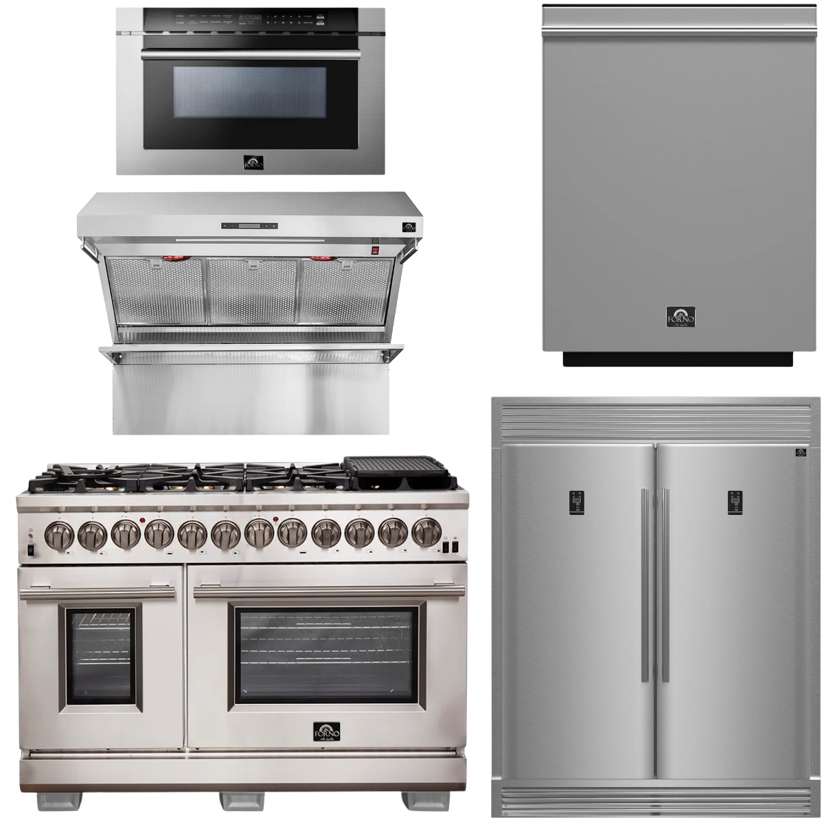 FORNO Package - 48" Dual Fuel Range, Wall Mount Range Hood, Refrigerator, Microwave, Dishwasher