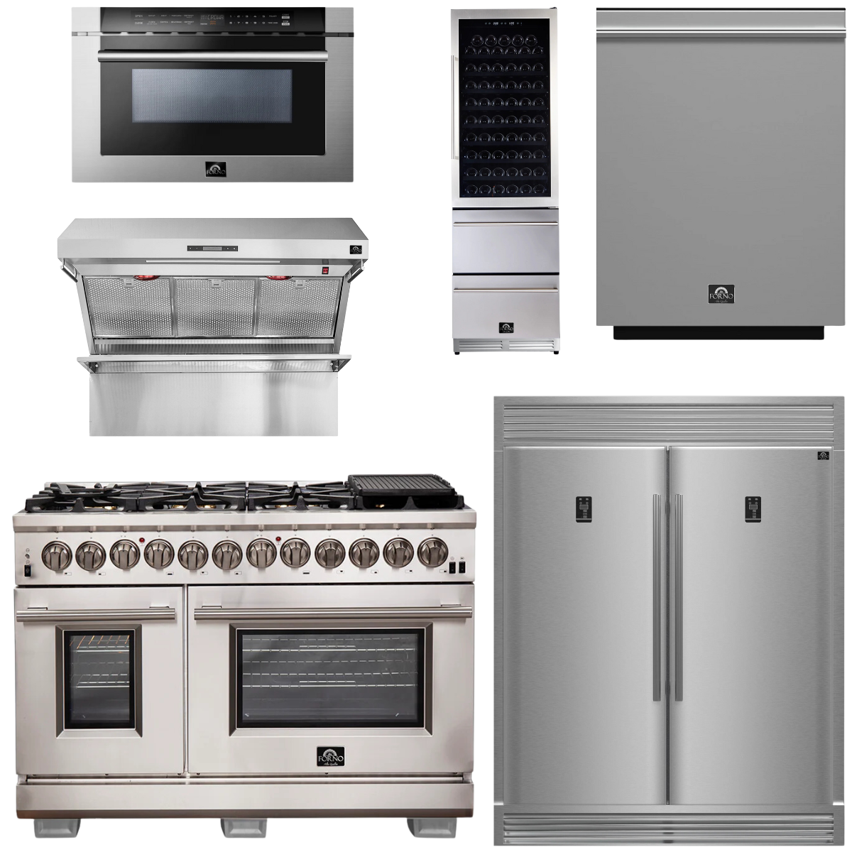FORNO Package - 48" Dual Fuel Range, Range Hood, Refrigerator, Microwave, Dishwasher, Wine Cooler