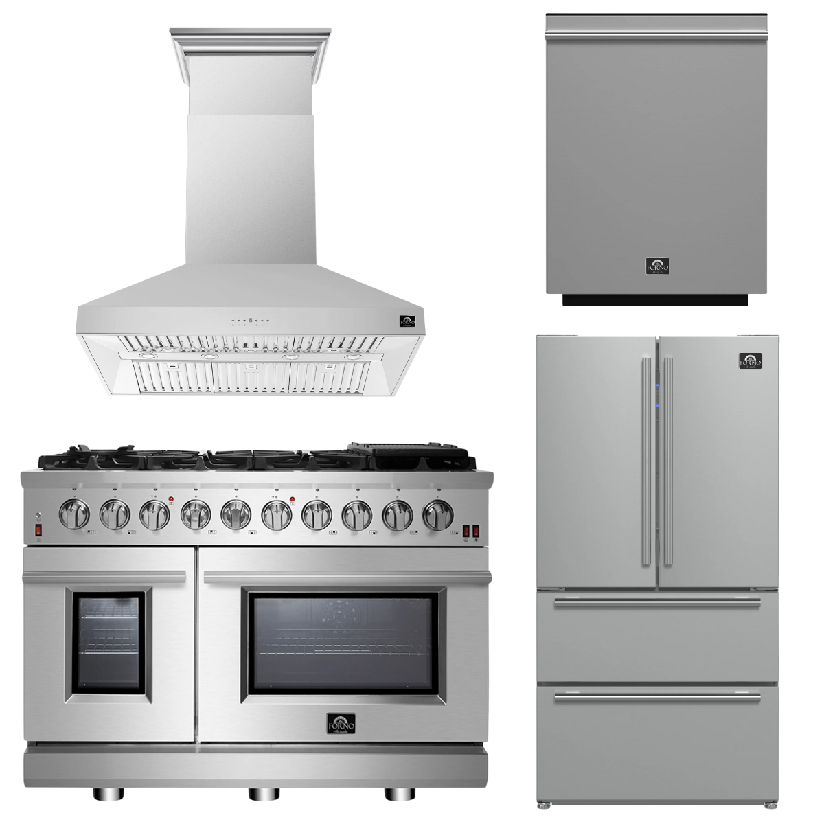 FORNO Appliance Package - 48" Gas Range, Range Hood, 36" Refrigerator, Dishwasher, AP-FFSGS6239-48-3