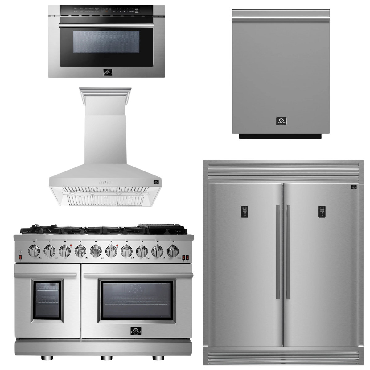 FORNO Appliance Package - 48" Gas Range, Range Hood, 60" Refrigerator, Dishwasher, Microwave Drawer, AP-FFSGS6239-48-8