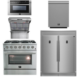 FORNO Package - 36 Inch Gas Range, Wall Mount Range Hood, Refrigerator, Microwave Drawer, Dishwasher, AP-FFSGS6244-36-8
