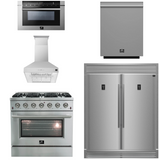 FORNO Package - 36 Inch Gas Range, Wall Mount Range Hood, Refrigerator, Microwave Drawer, Dishwasher, AP-FFSGS6244-36-W-8