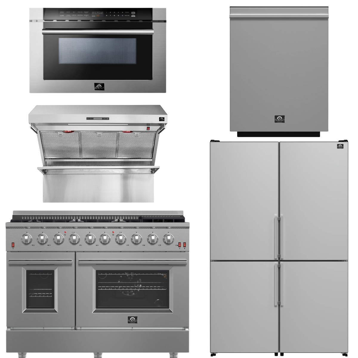 FORNO Appliance Package - 48" Gas Range, 48" Range Hood, Dishwasher, 48" Refrigerator, Microwave Drawer, AP-FFSGS6244-48-13