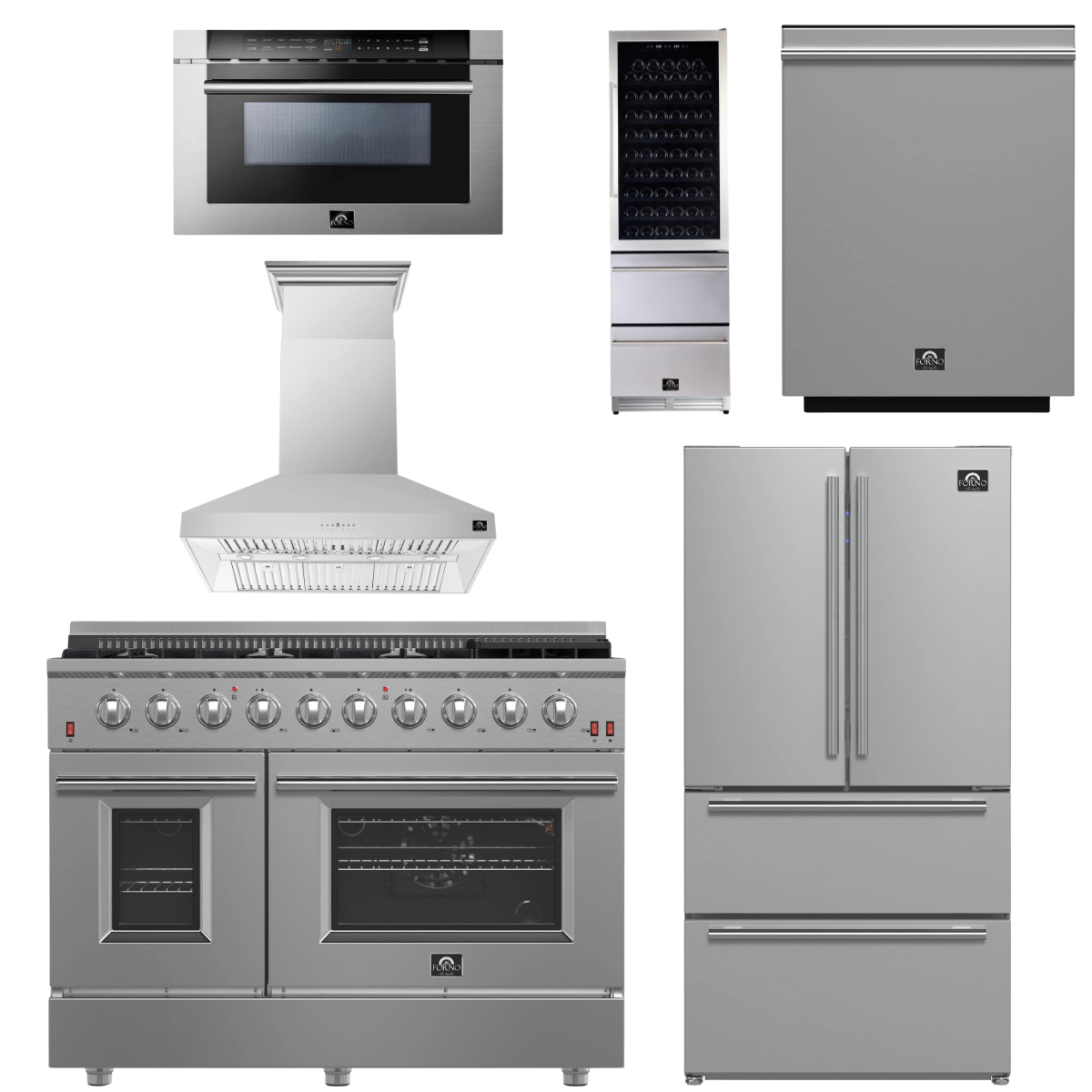 FORNO Appliance Package - 48" Gas Range, Range Hood, 36" Refrigerator, Dishwasher, Microwave Drawer, Wine Cooler, AP-FFSGS6244-48-19