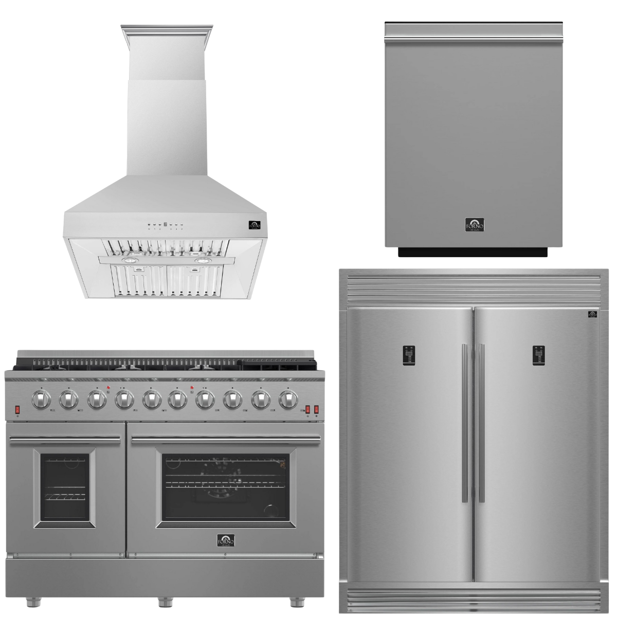 FORNO Appliance Package - 48" Gas Range, Range Hood, 60" Refrigerator, Dishwasher, AP-FFSGS6244-48-20