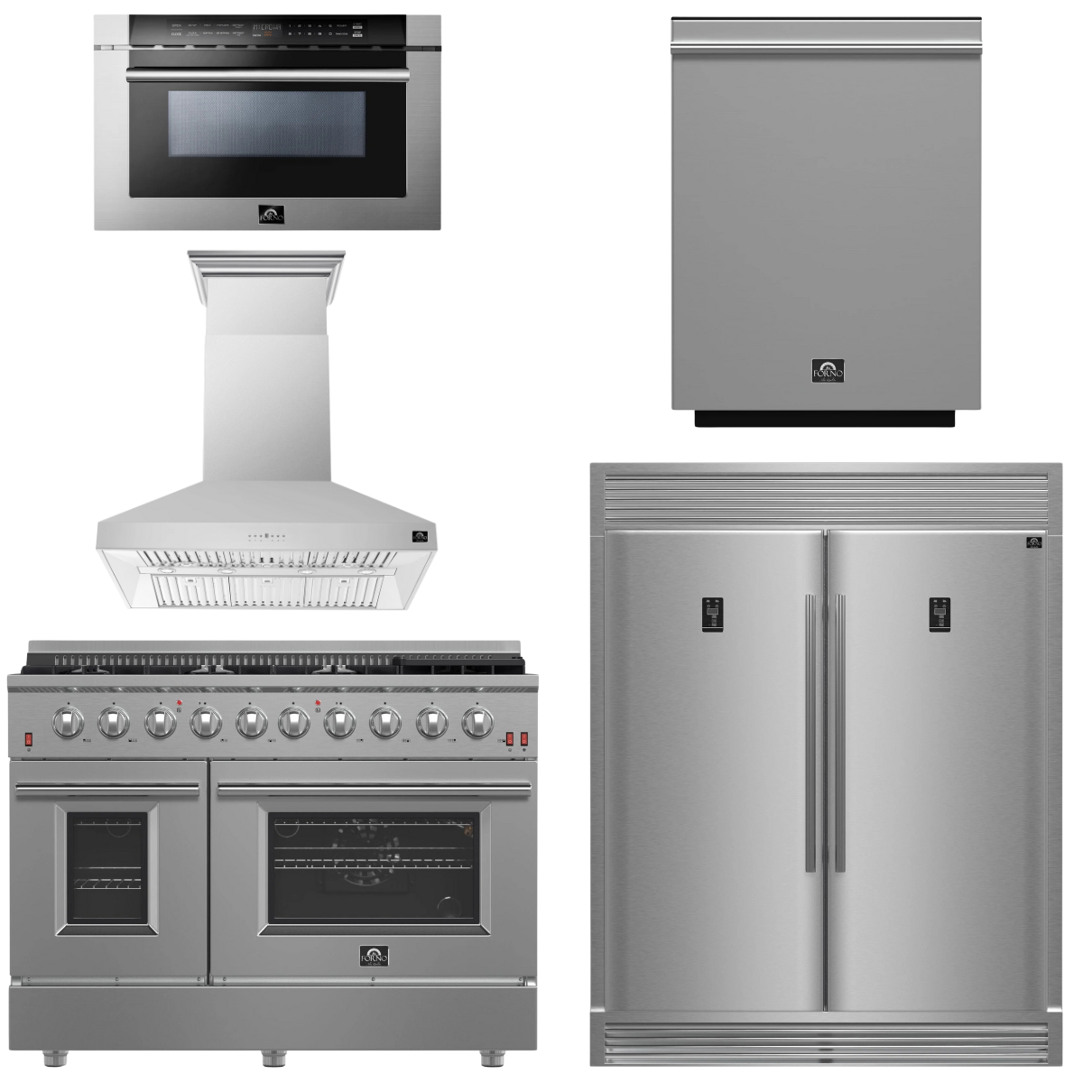 FORNO Appliance Package - 48" Gas Range, Range Hood, 60" Refrigerator, Dishwasher, Microwave Drawer, AP-FFSGS6244-48-21