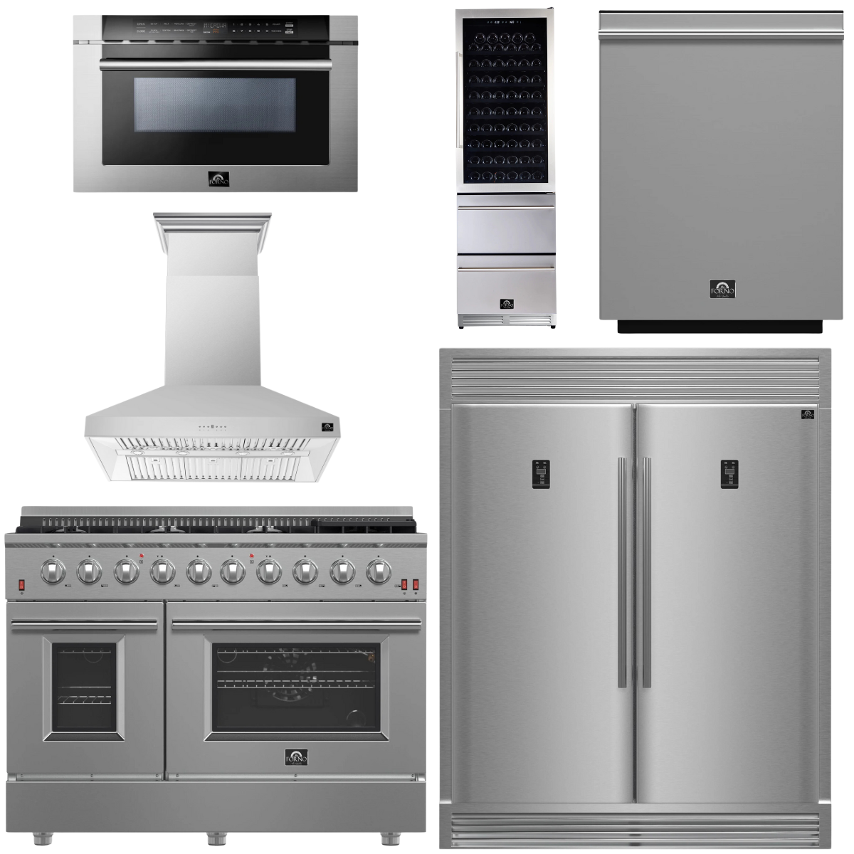 FORNO Appliance Package - 48" Gas Range, Range Hood, 60" Refrigerator, Dishwasher, Microwave Drawer, Wine Cooler, AP-FFSGS6244-48-22