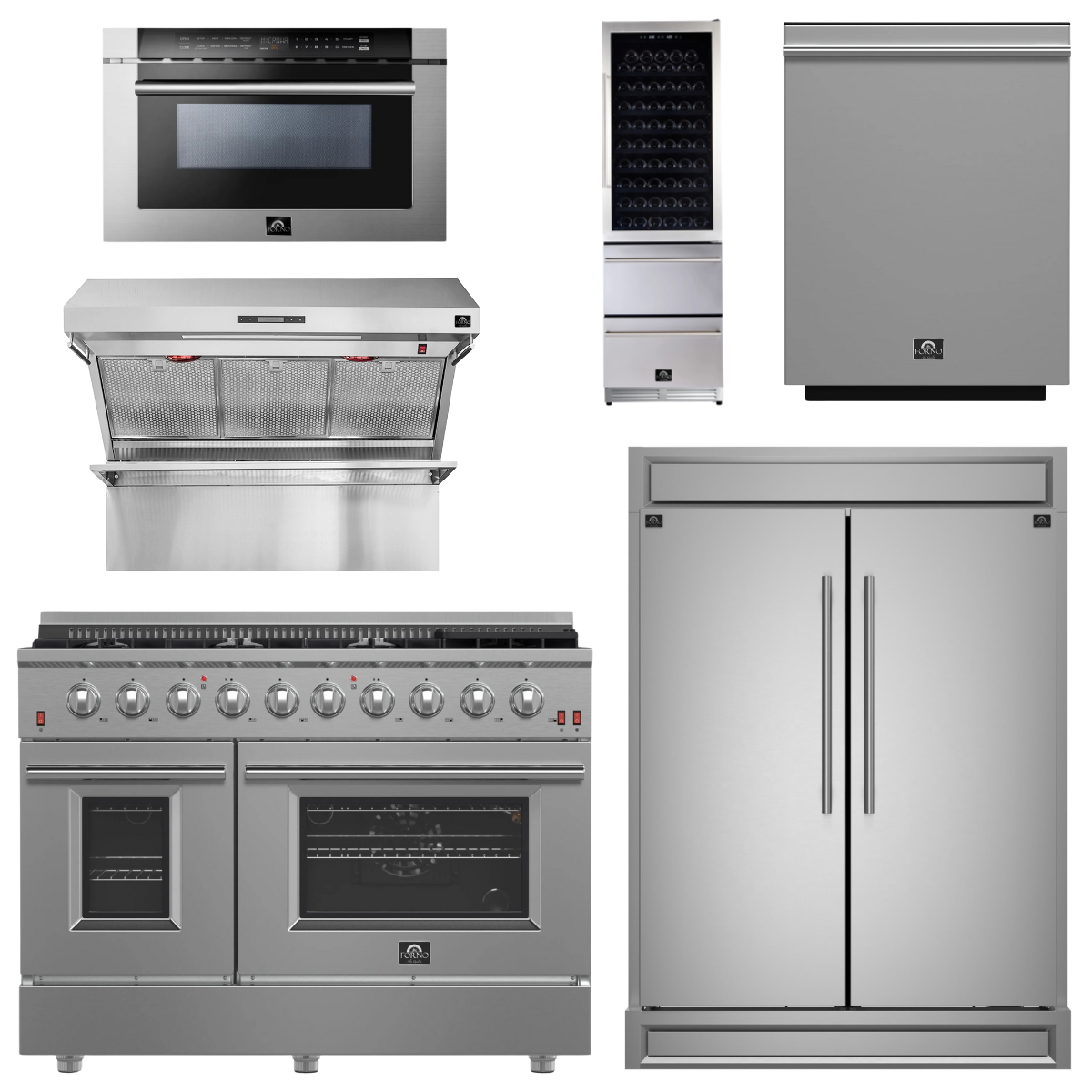 FORNO Appliance Package - 48" Gas Range, Range Hood, 60" Refrigerator, Microwave Drawer, Dishwasher, Wine Cooler, AP-FFSGS6244-48-6P