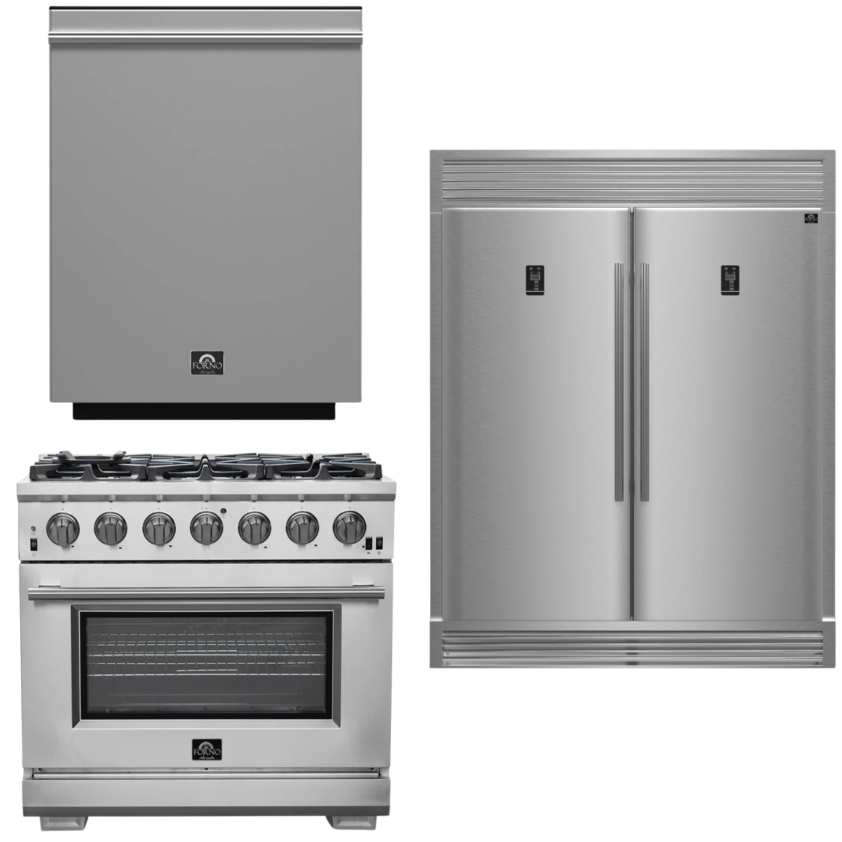 FORNO Appliance Package - 36 Inch Pro Gas Range, Dishwasher, Refrigerator, AP-FFSGS6260-36-5
