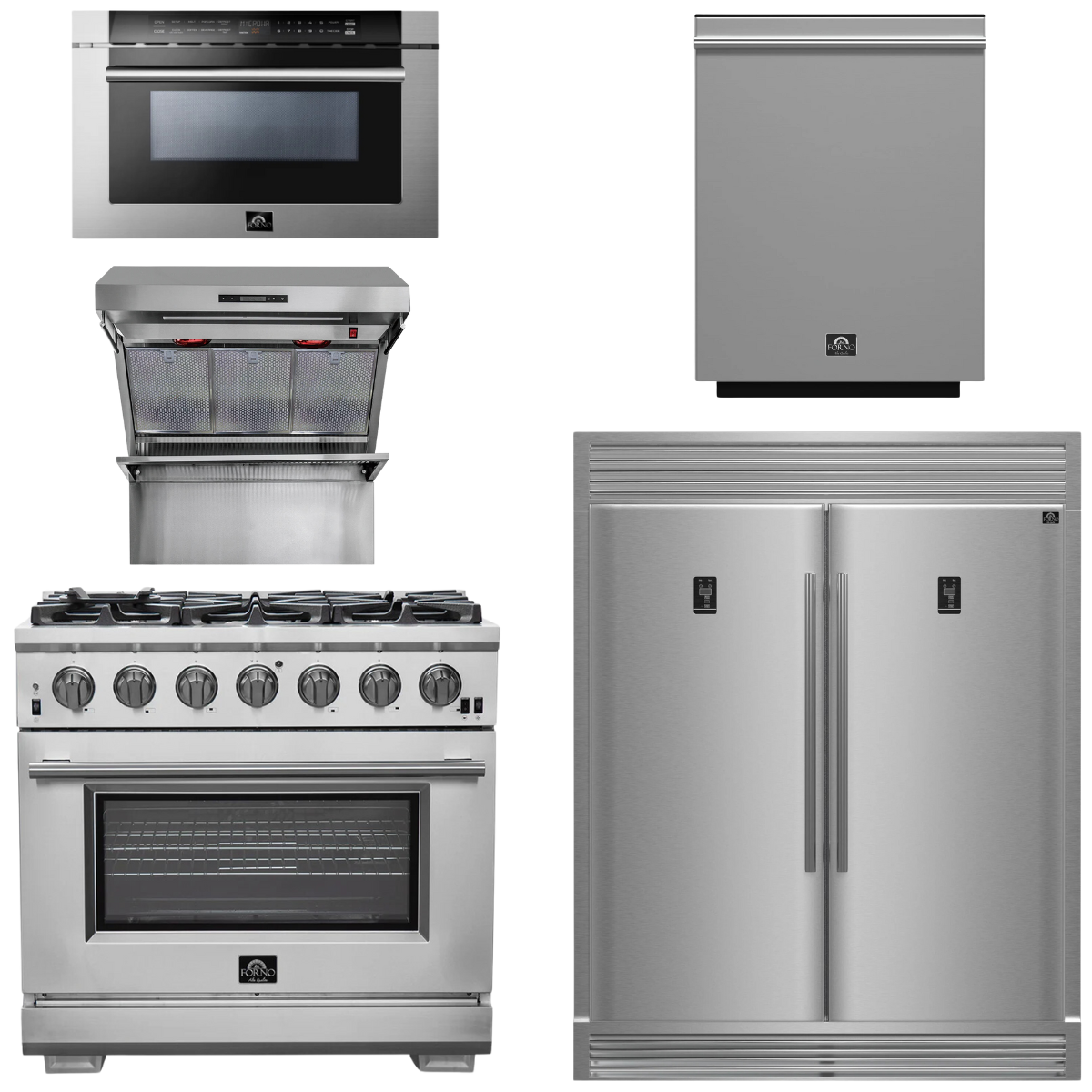 FORNO Package - 36 Inch Pro Gas Range, Wall Mount Range Hood, Refrigerator, Microwave Drawer, Dishwasher, AP-FFSGS6260-36-8