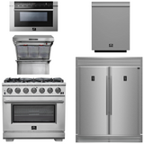 FORNO Package - 36 Inch Pro Gas Range, Wall Mount Range Hood, Refrigerator, Microwave Drawer, Dishwasher, AP-FFSGS6260-36-8