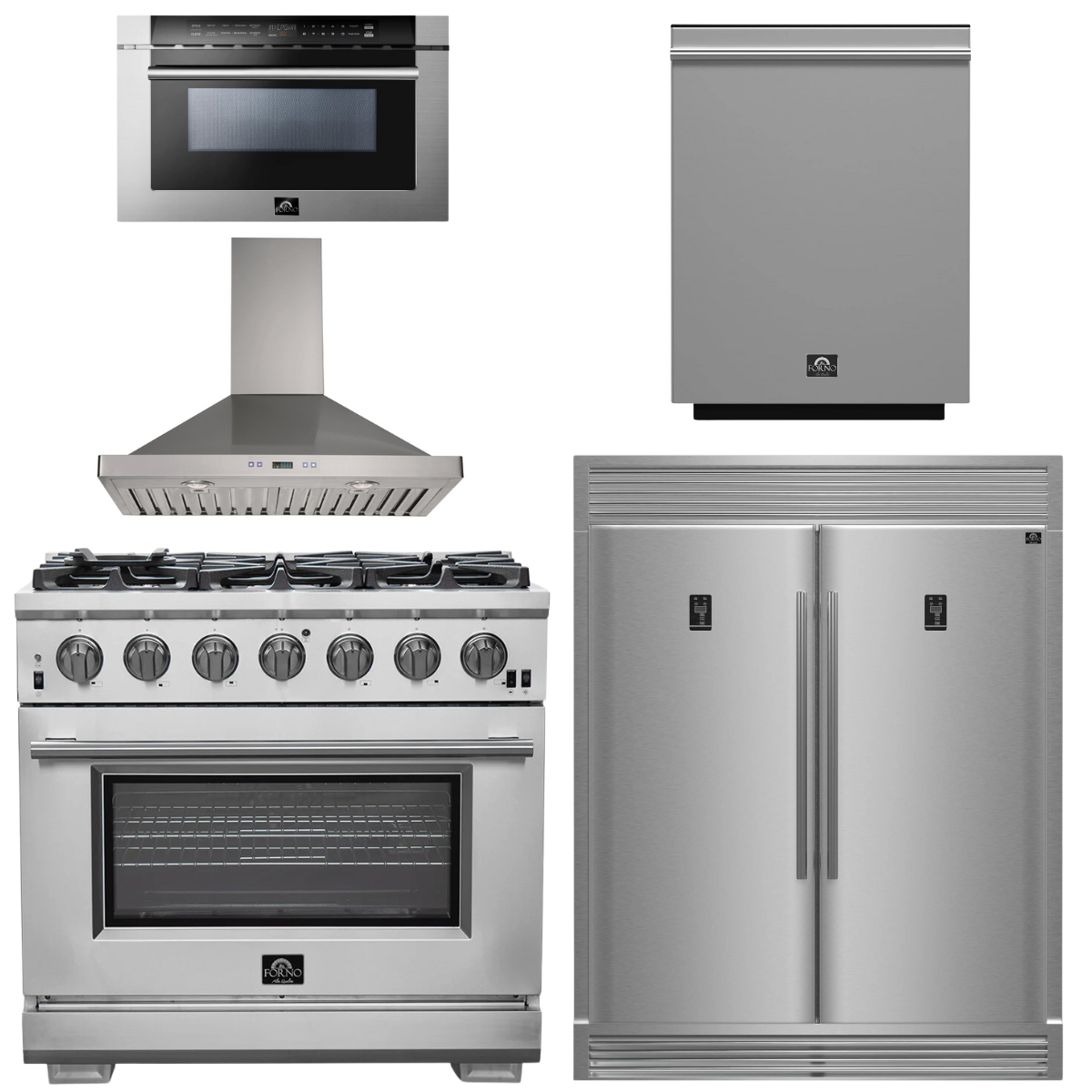 FORNO Package - 36 Inch Pro Gas Range, Wall Mount Range Hood, Refrigerator, Microwave Drawer, Dishwasher, AP-FFSGS6260-36-W-8