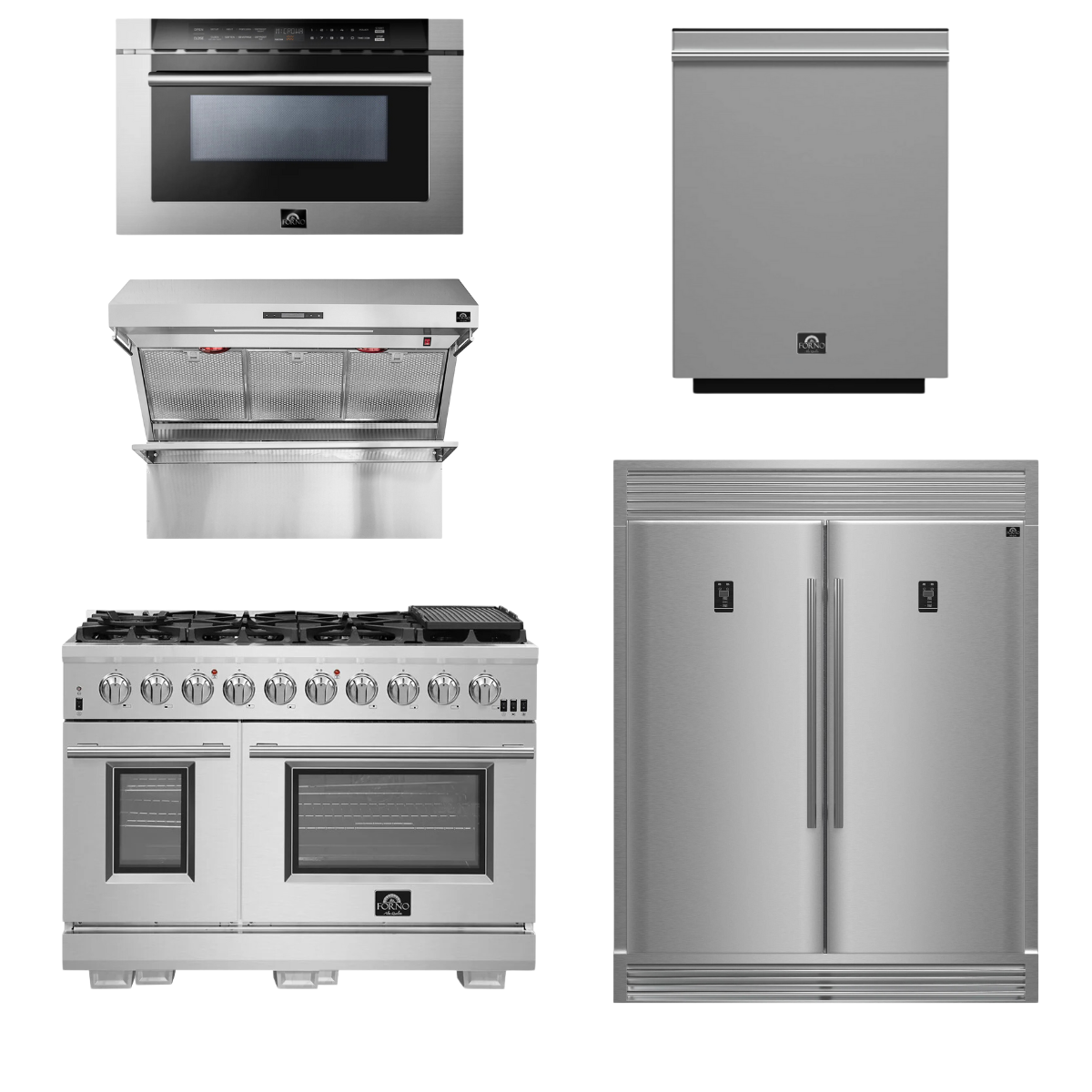 FORNO Package - 48" Gas Range, Wall Mount Range Hood, Refrigerator, Microwave, Dishwasher, AP-FFSGS6260-48-8