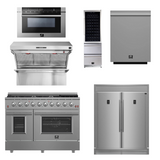 FORNO Appliance Package - 48 Inch Pro Gas Range, Range Hood, Refrigerator, Microwave Drawer, Dishwasher, Wine Cooler, AP-FFSGS6260-48-9