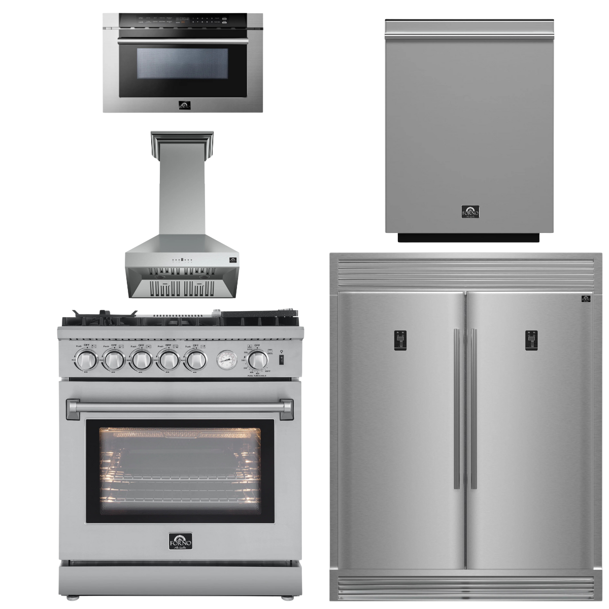 FORNO Appliance Package - 30" Gas Range, 30" Range Hood, 60" Refrigerator, Dishwasher, Microwave Drawer, AP-FFSGS6276-30-W-8