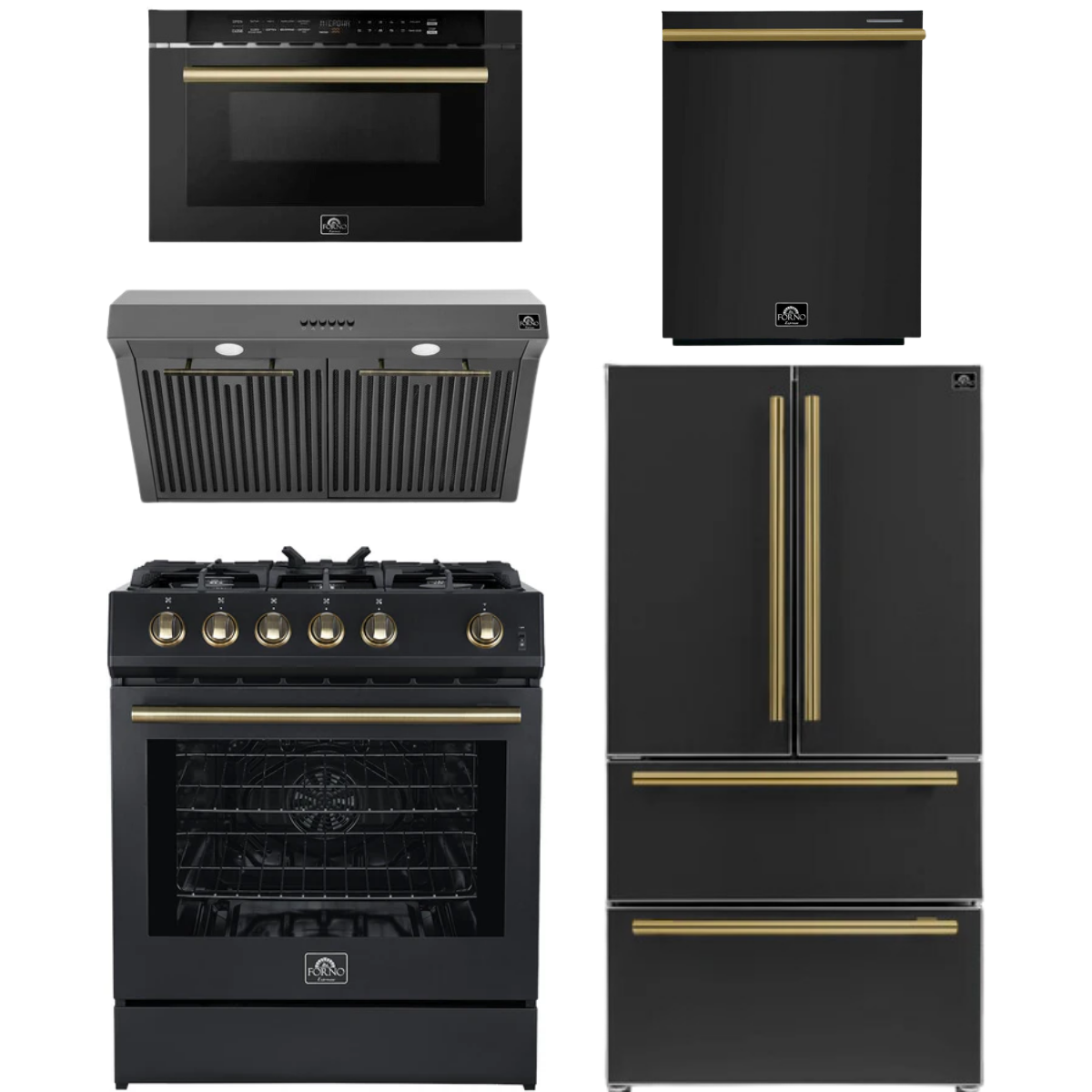 FORNO Espresso Package - 30" Gas Range, Range Hood, 36" Refrigerator with Ice Maker, Dishwasher and 24" Microwave Drawer in Black with Antique Brass Accents