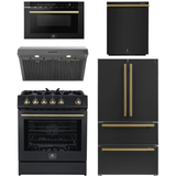 FORNO Espresso Package - 30" Gas Range, Range Hood, 36" Refrigerator with Ice Maker, Dishwasher and 24" Microwave Drawer in Black with Antique Brass Accents