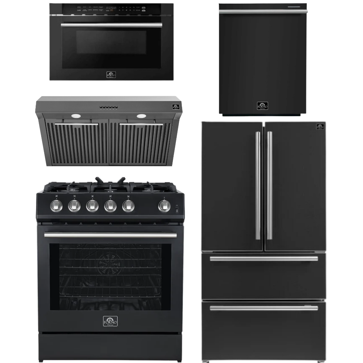 FORNO Espresso Package - 30" Gas Range, Range Hood, 36" Refrigerator with Ice Maker, Dishwasher and 24" Microwave Drawer in Black with Silver Accents