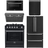 FORNO Espresso Package - 30" Gas Range, Range Hood, 36" Refrigerator with Ice Maker, Dishwasher and 24" Microwave Drawer in Black with Silver Accents