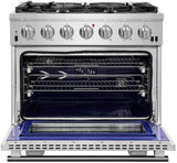 FORNO Appliance Package - 36 Inch Pro Gas Range, Wall Mount Range Hood, Refrigerator, AP-FFSGS6260-36-4