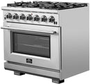 FORNO Appliance Package - 36 Inch Pro Gas Range, Wall Mount Range Hood, Microwave Drawer, Dishwasher, AP-FFSGS6260-36-6