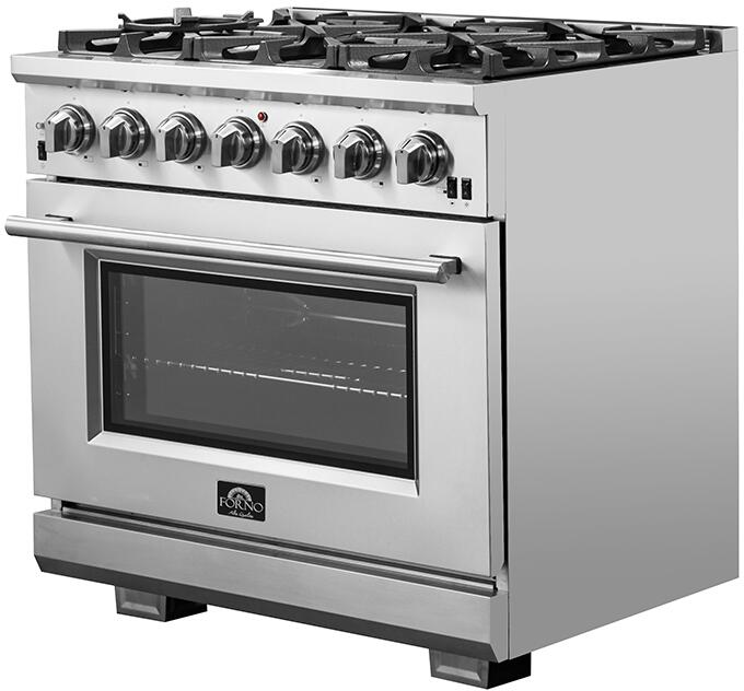 FORNO Appliance Package - 36 Inch Pro Gas Range, Wall Mount Range Hood, Refrigerator, AP-FFSGS6260-36-4