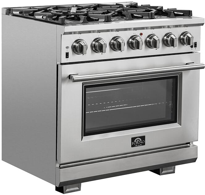 FORNO Appliance Package - 36 Inch Pro Gas Range, Wall Mount Range Hood, Microwave Drawer, Dishwasher, AP-FFSGS6260-36-6