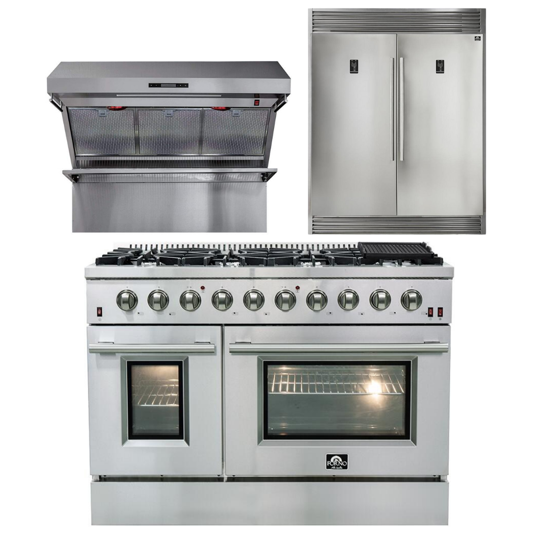 FORNO Appliance Package - 48 Inch Gas Range, Wall Mount Range Hood, 60 Inch Refrigerator, FBDL-018-02US