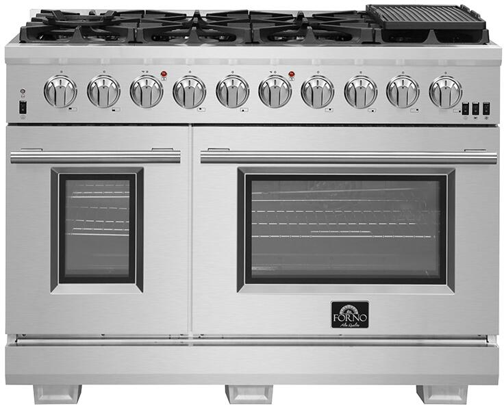 FORNO Appliance Package - 48 Inch Gas Burner/Electric Oven Pro Range, Wall Mount Range Hood, Microwave Drawer, Dishwasher, AP-FFSGS6187-48-6