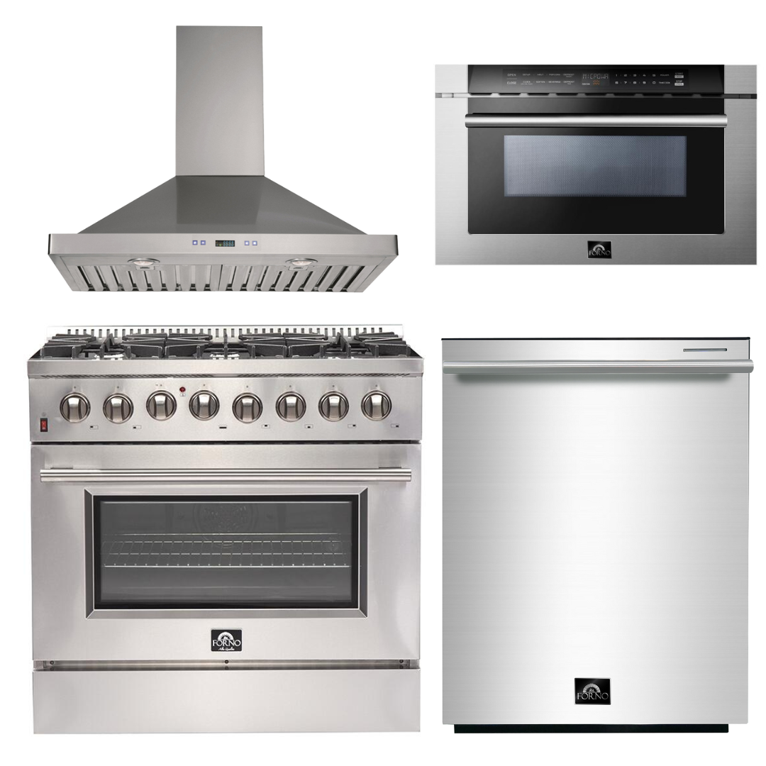 FORNO Appliance Package - 36 Inch Dual Fuel Range, Wall Mount Range Hood, Microwave Drawer, Dishwasher, AP-FFSGS6156-36-W-6