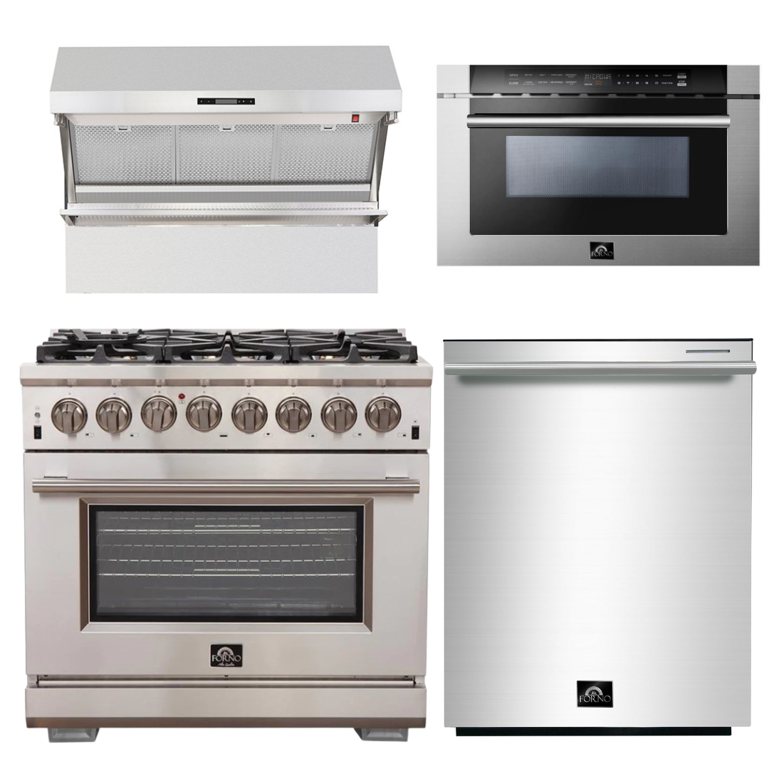 FORNO Appliance Package - 36 Inch Gas Burner/Electric Oven Pro Range, Wall Mount Range Hood, Microwave Drawer, Dishwasher, AP-FFSGS6187-36-6