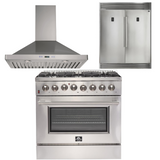 FORNO Appliance Package - 36 Inch Dual Fuel Range, Wall Mount Range Hood, Refrigerator, AP-FFSGS6156-36-W-4