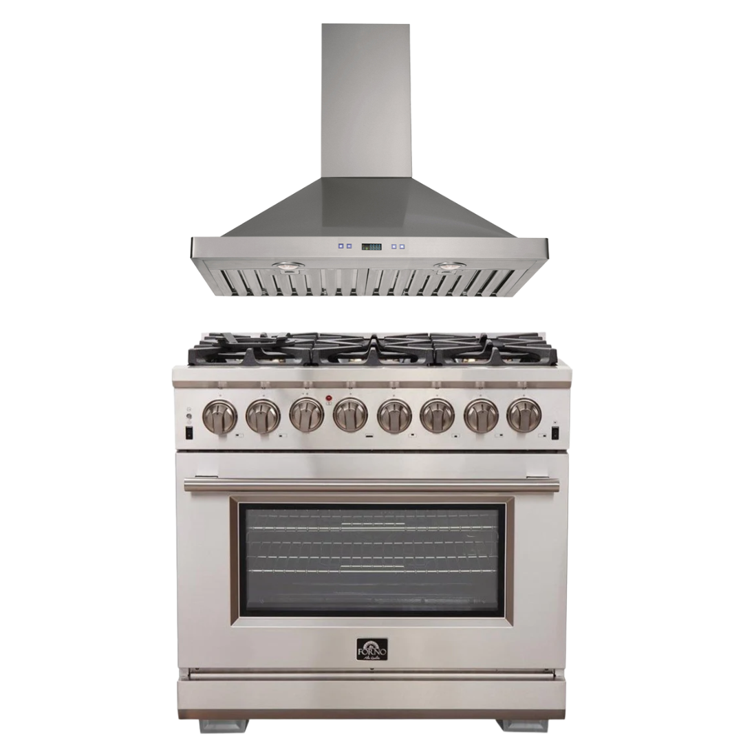 FORNO Appliance Package - 36 Inch Gas Burner/Electric Oven Pro Range, Wall Mount Range Hood, AP-FFSGS6187-36-W