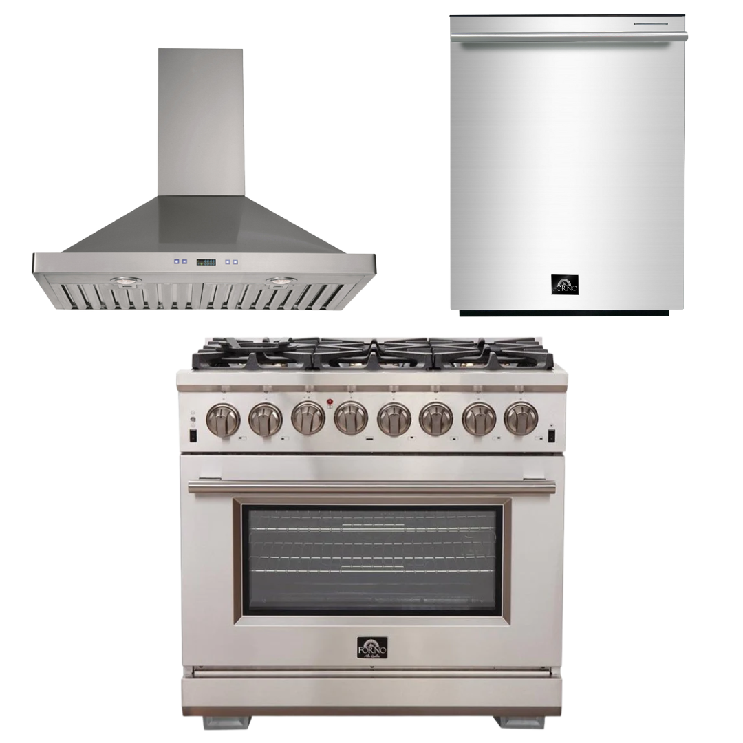 FORNO Appliance Package - 36 Inch Gas Burner/Electric Oven Pro Range, Wall Mount Range Hood, Dishwasher, AP-FFSGS6187-36-W-2