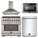 FORNO Appliance Package - 36 Inch Gas Burner/Electric Oven Pro Range, Wall Mount Range Hood, Microwave Drawer, Dishwasher, AP-FFSGS6187-36-W-6