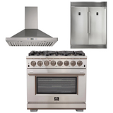 FORNO Appliance Package - 36 Inch Gas Burner/Electric Oven Pro Range, Wall Mount Range Hood, Refrigerator, AP-FFSGS6187-36-W-4